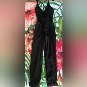 Girls Black One-Piece Jumpsuit with Smocked Waist